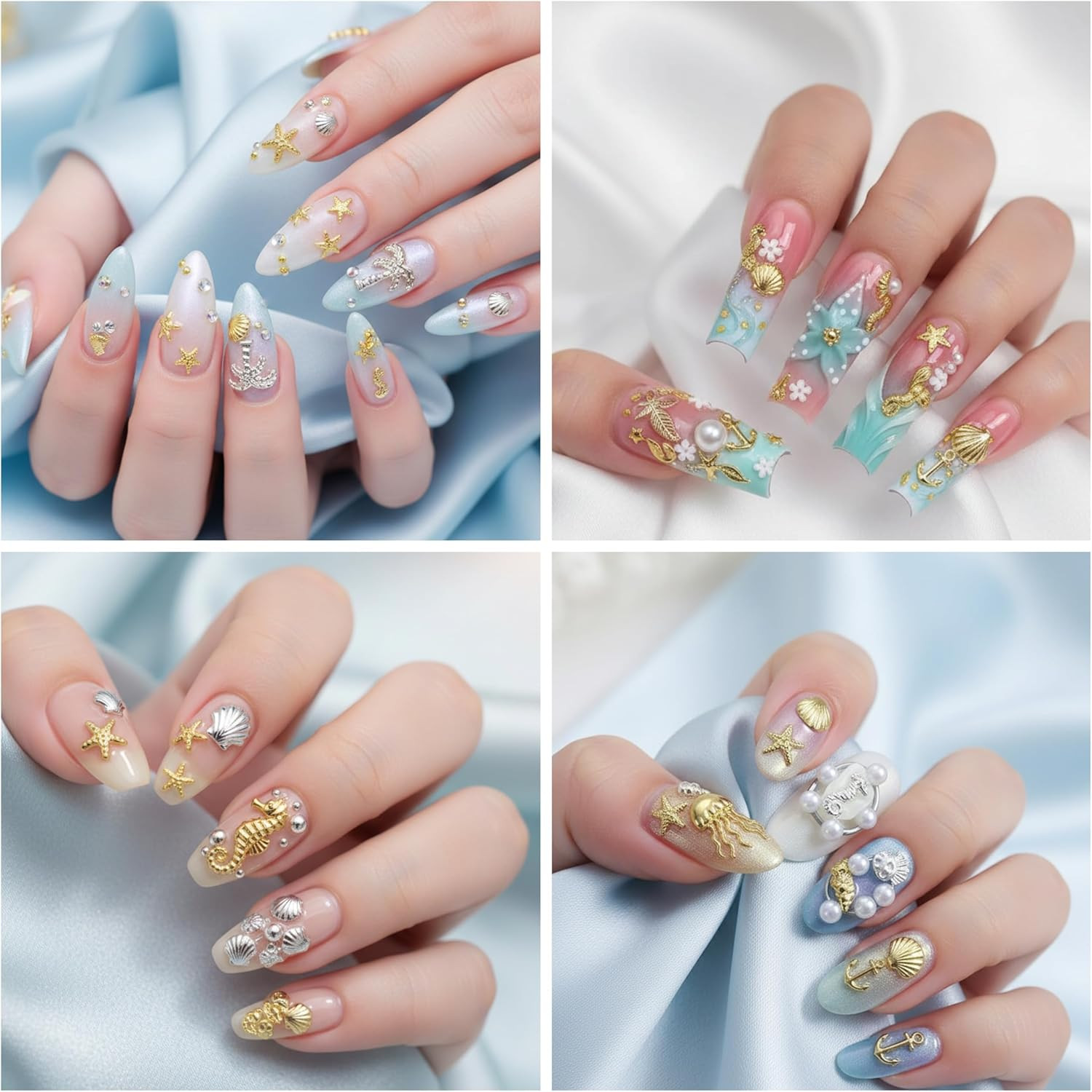 Nail Charms, 2Boxes Gold Silver Summer Ocean Nail Charms and Gems, Metal Small S