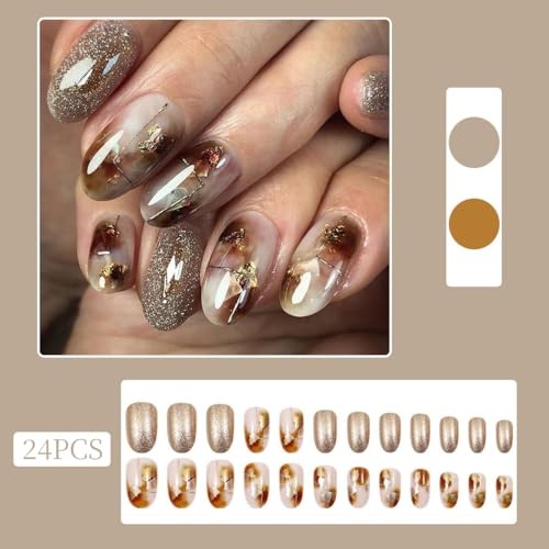 Brown Marble Press on Nails Medium Oval Glossy Fake Nails with Glitter style10