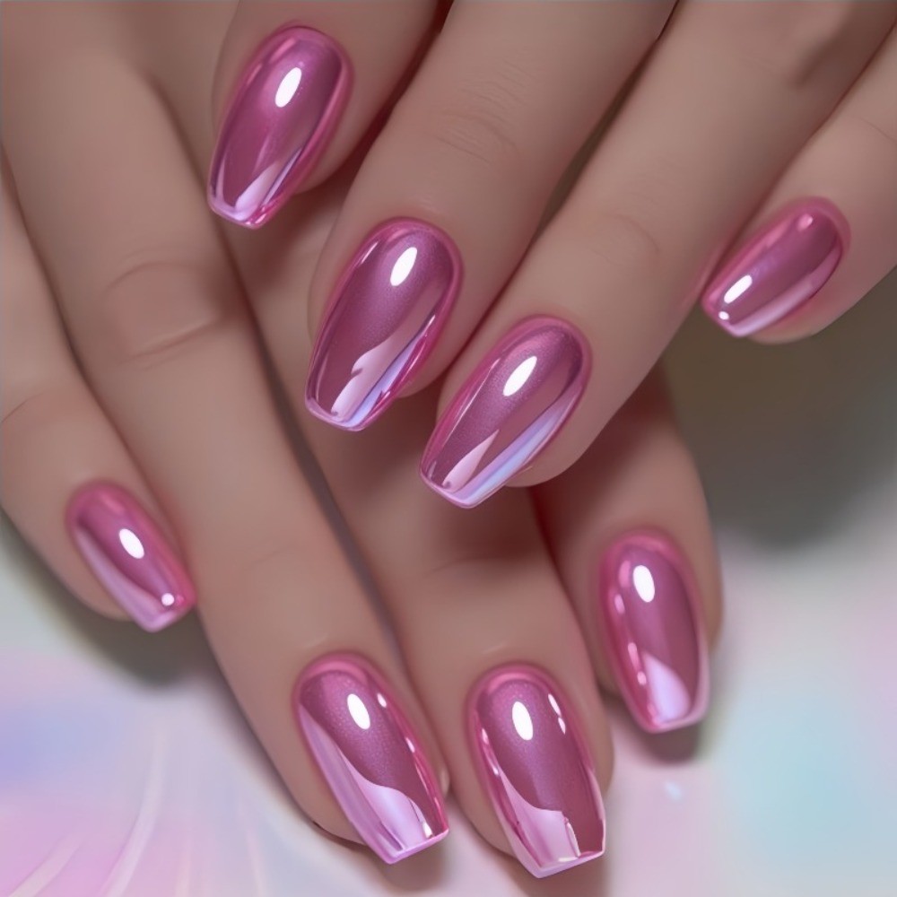 24pcs Nude Pink Gradient Silvery Mirror Press-On Nails, Long Square Reusable