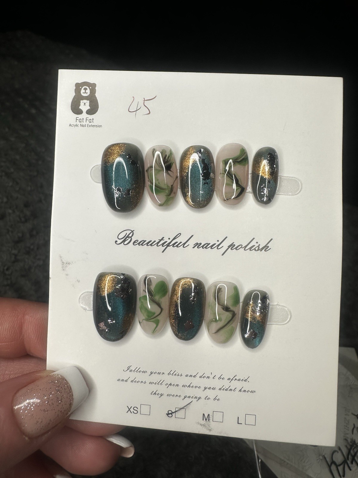 Oval shaped Press-On Nails Teal & Gold Catseye Fat Fat Size Small