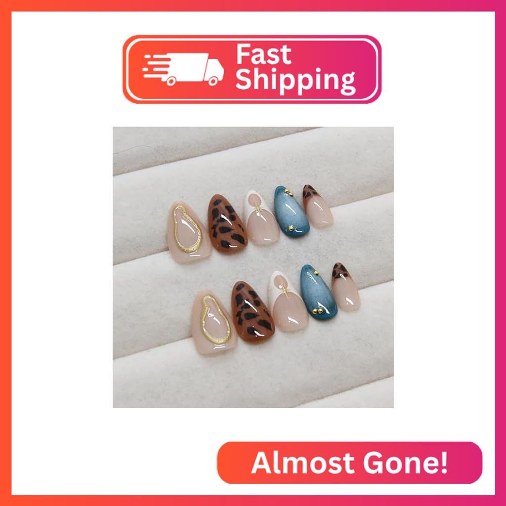 RIICFDD French Tip Press on Nails Medium Almond Fake Nails Gold Curve False Nail