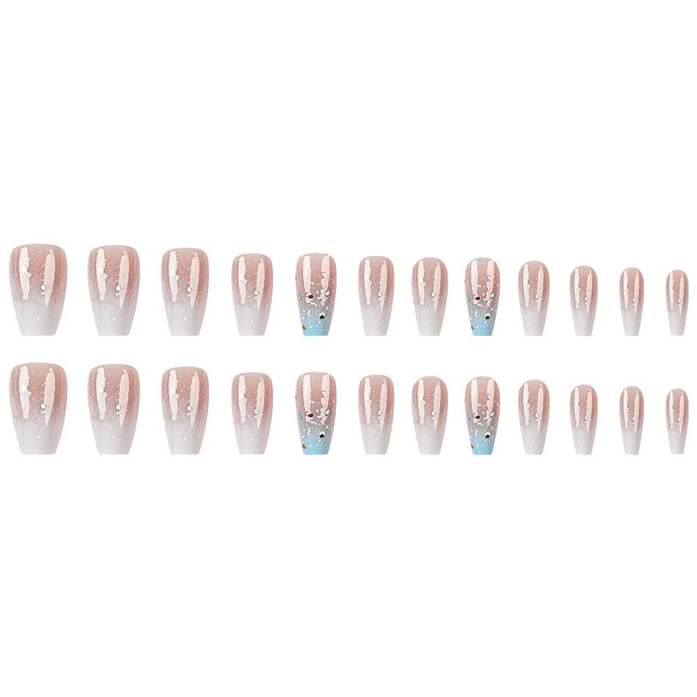 24Pcs Medium Press on Nails Blue White Gradient Press on Nails Medium Square W5