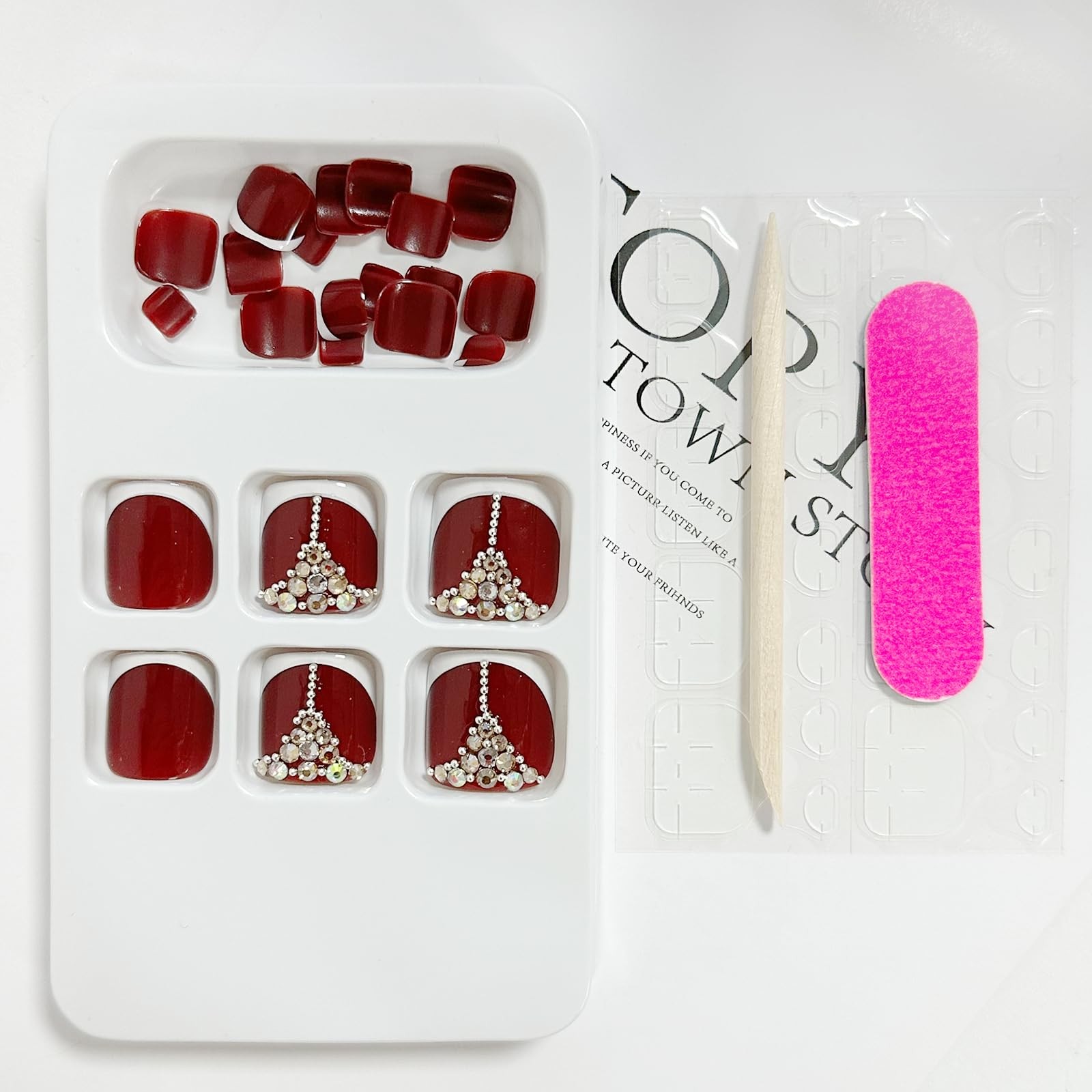 Red Press on Toenails French Tip Fake Toenail Rhinestone False Nail for Toe R…