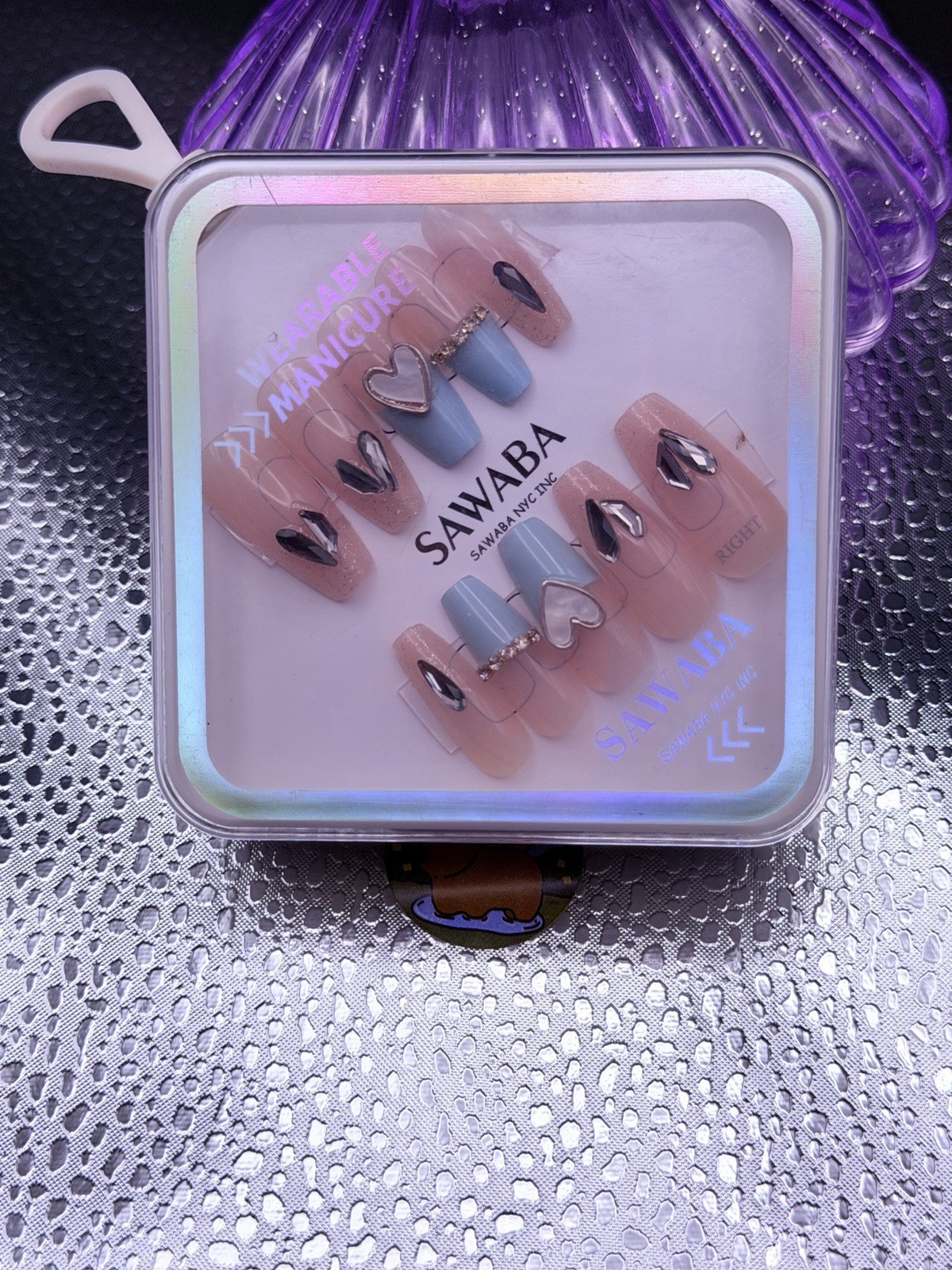 24 PCs Handmade Medium Length Coffin Nails Nude Pink Blue French, 3D Heart Charm