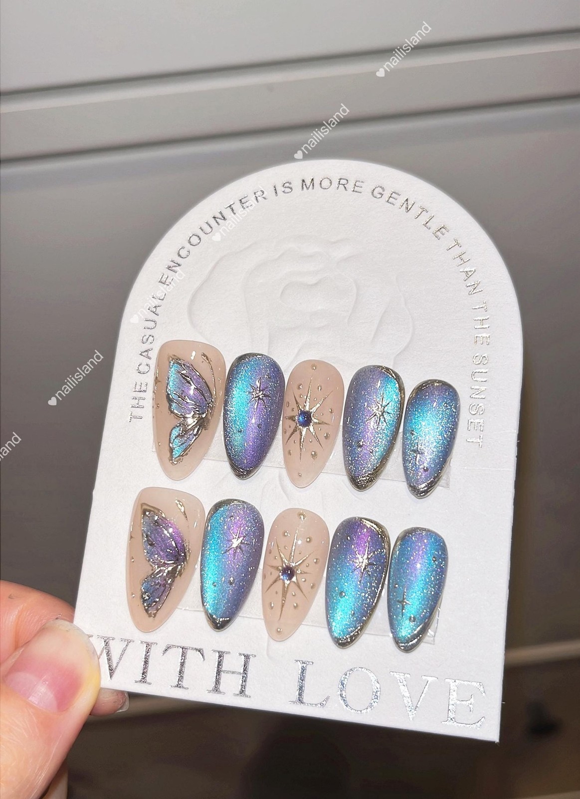 Handmade Iridescent Cat Eye Butterfly Rhinestone Medium Almond Press on Nails
