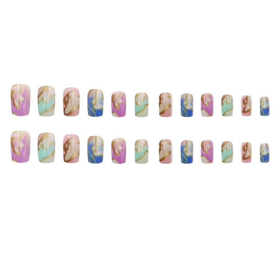 48Pcs-Medium Round Nude Pink Blue Purple Marble Foil Watercolor Press on Nails