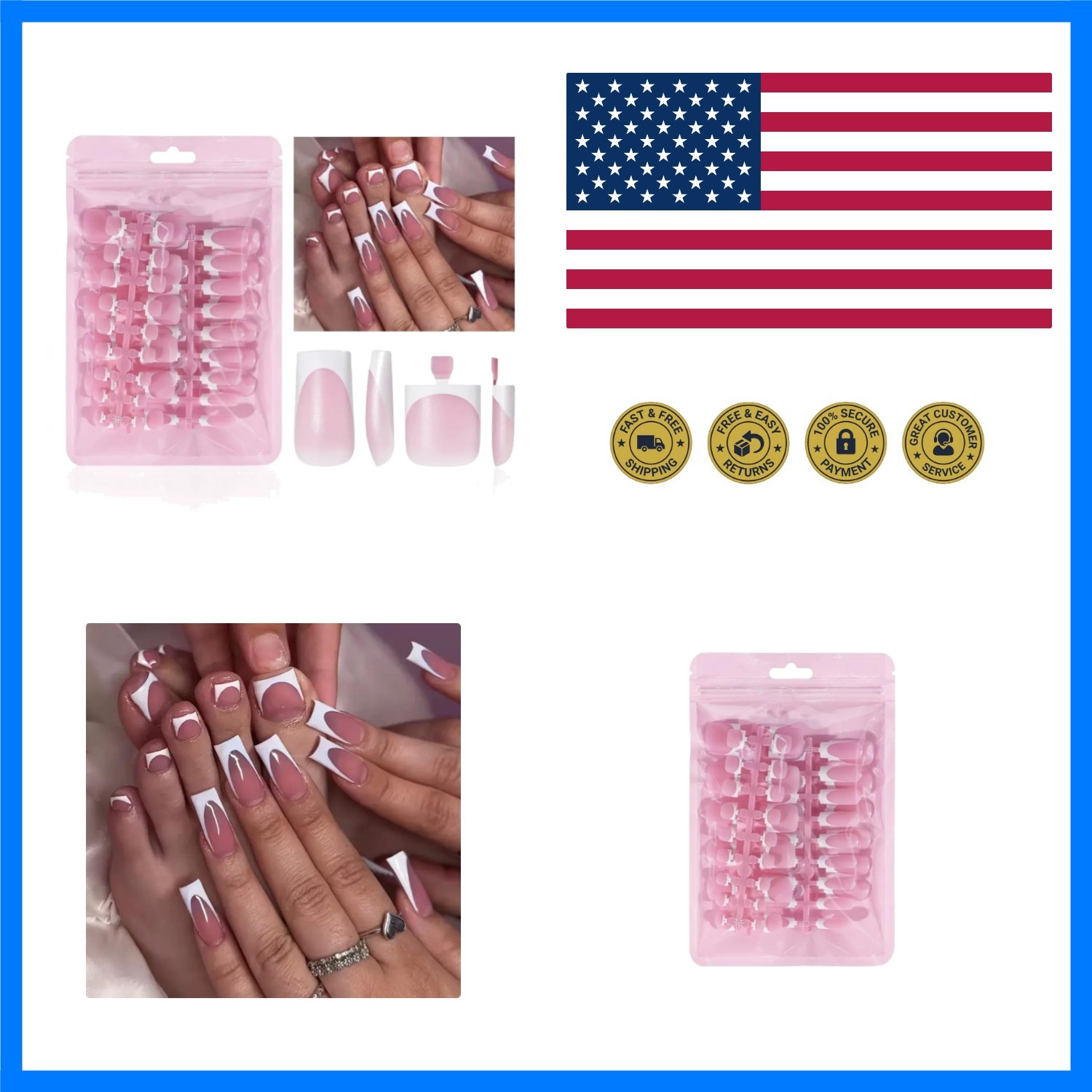 60Pcs White French Tip Press on Nails & Press on Toenails Set, Square Press o…