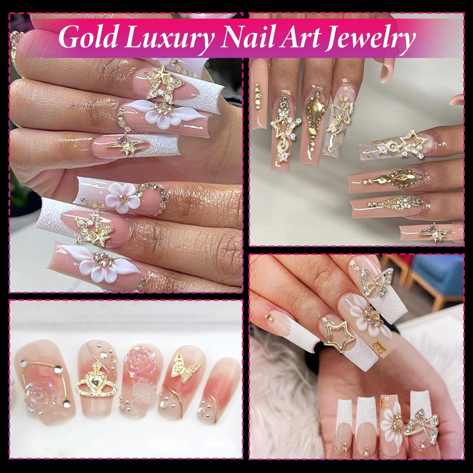 540 Pcs Gold Nail Charms, 40 Pcs Heart Star Cherry Nail Rhinestones and Charm…