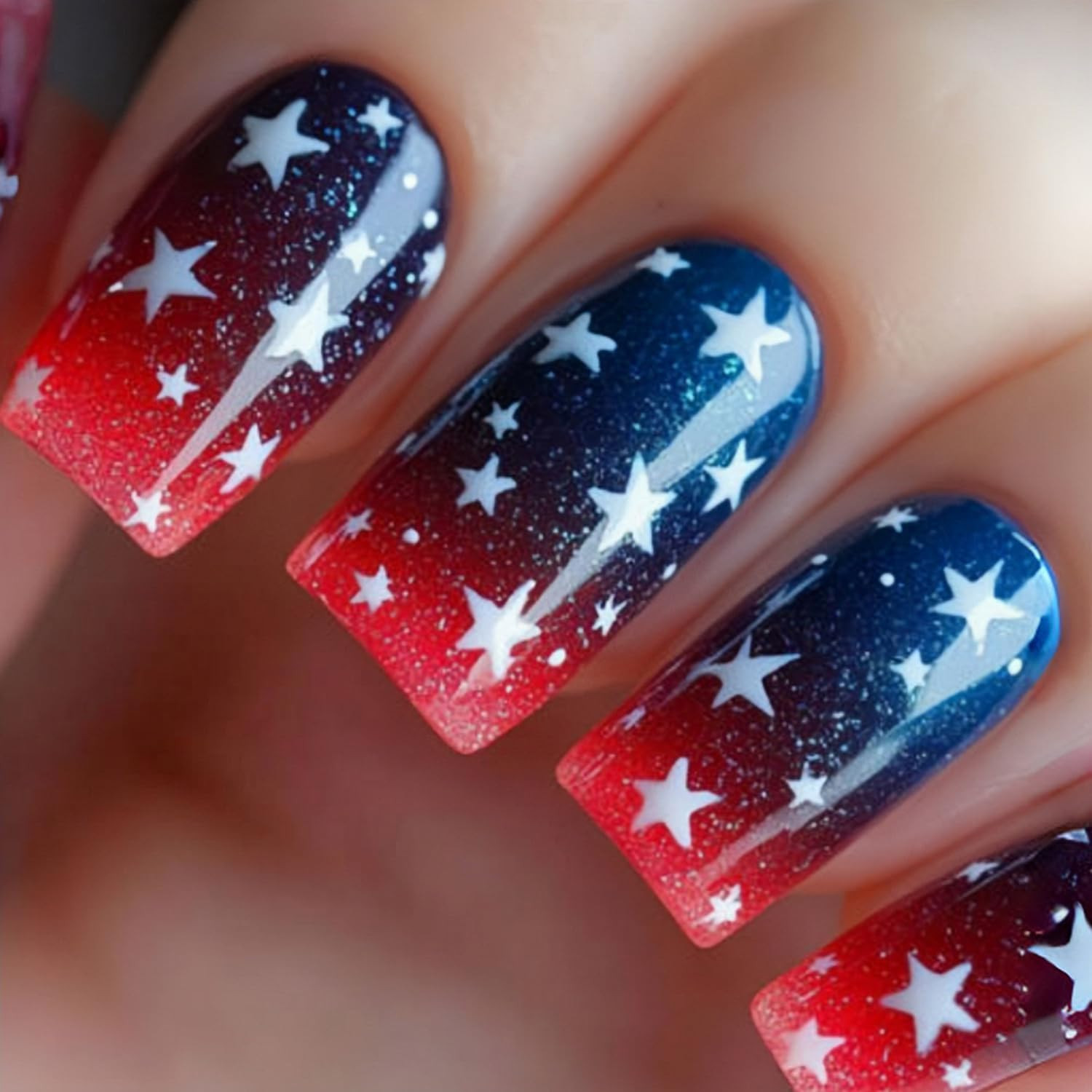 Independence Day Press on Nails Medium Square Stars Glitter Powder Sequins Desig