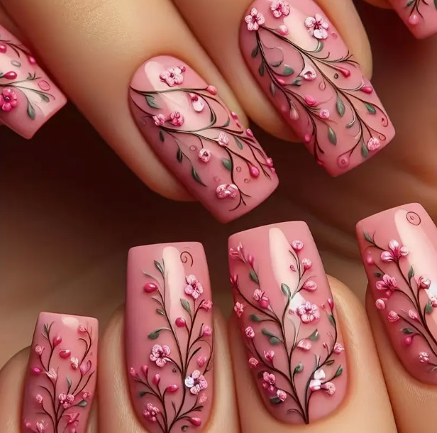24 Pcs Press-On Nails Medium Square Glossy – Dusty Pink w/Floral Print NOT 3D