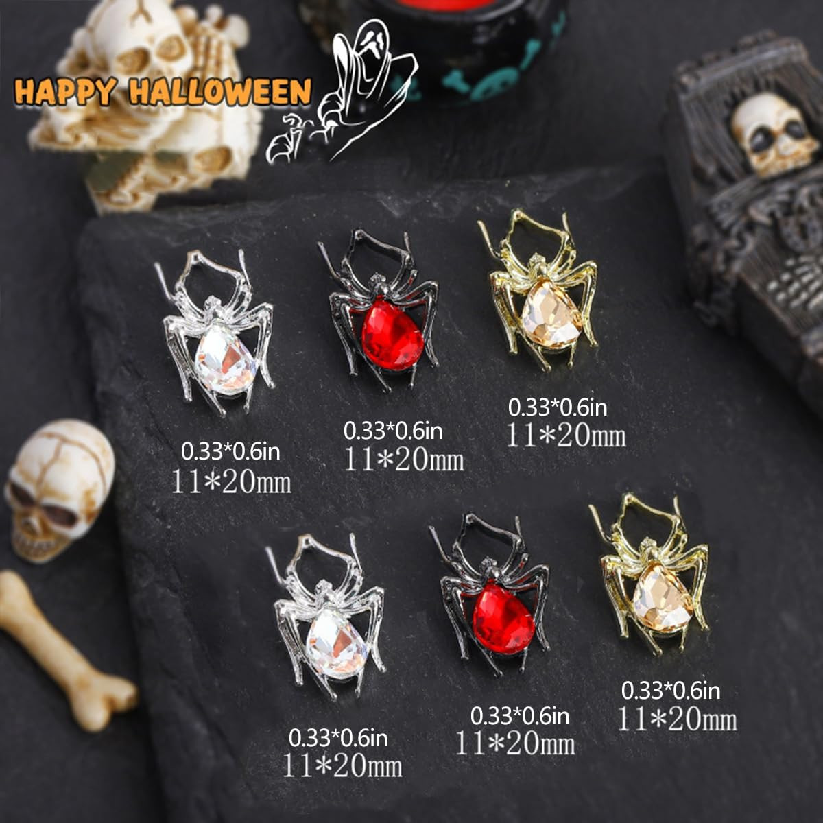15Pcs Halloween Nail Charms Metal Spider Rhinestone Alloy Gems for Acrylic Nails
