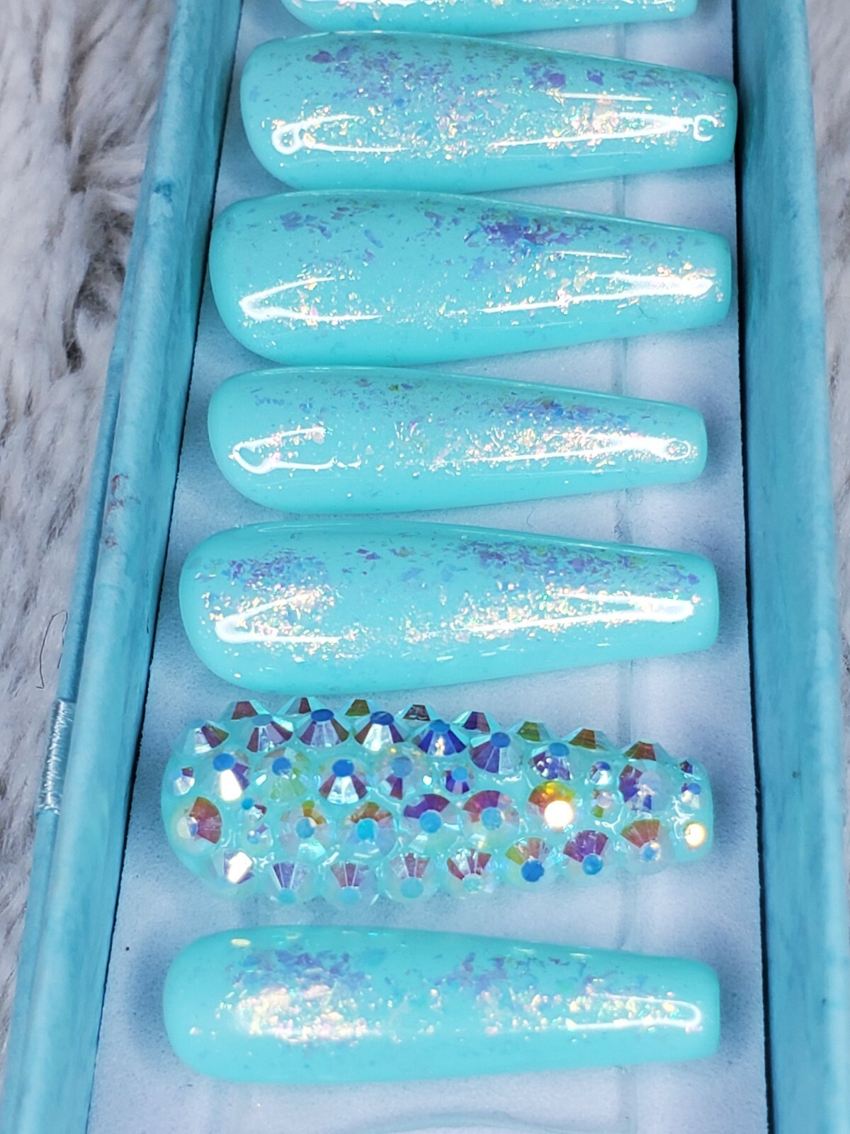 Teal green Mermaid crystal opal glitter bling press on nails luxury diamond