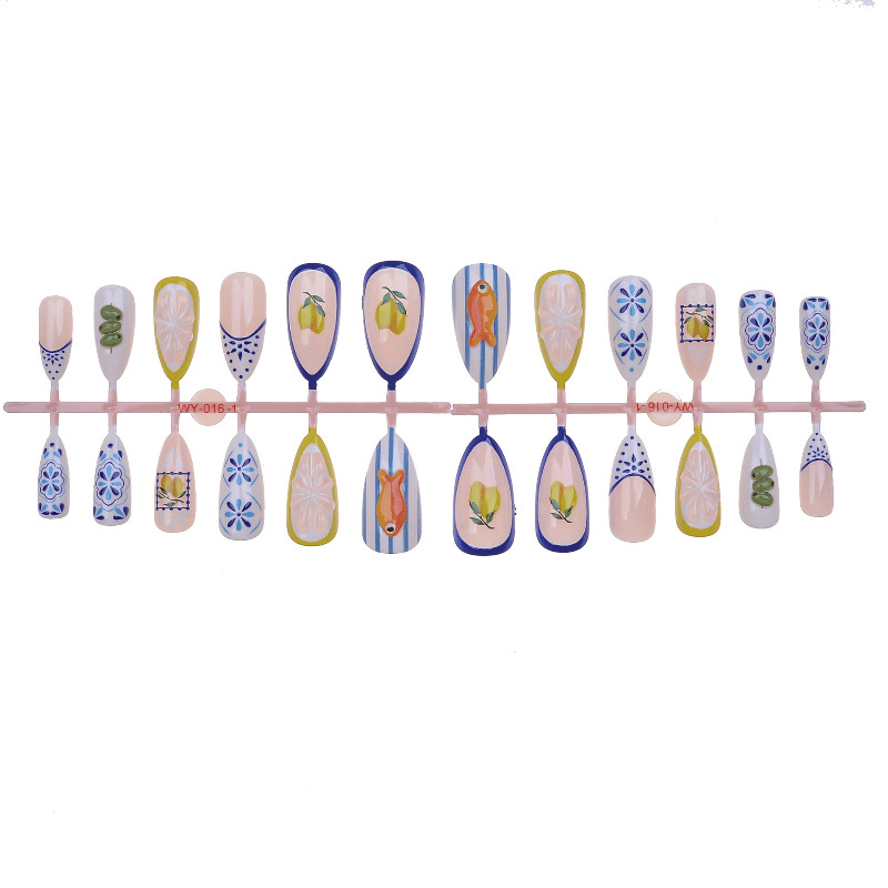 48pcs Oval Press on Nails, Blue White Lemon Fish 3D Hand Paint Summer Nails
