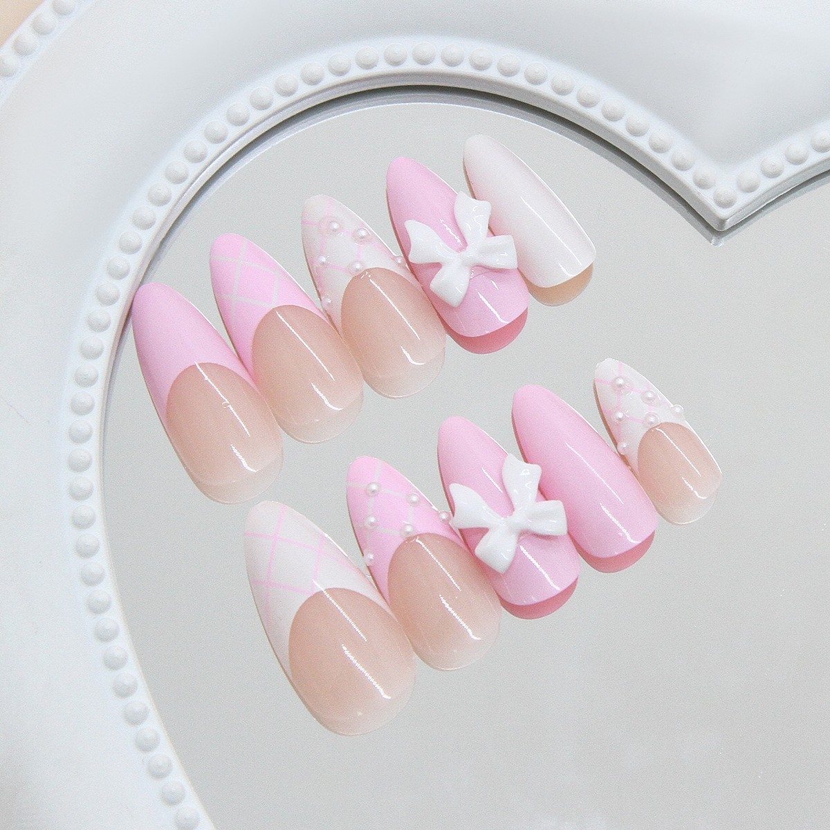 24pcs Pink Bow French Press On Nails – Long Coffin Fake Nail with 3D Lace Design