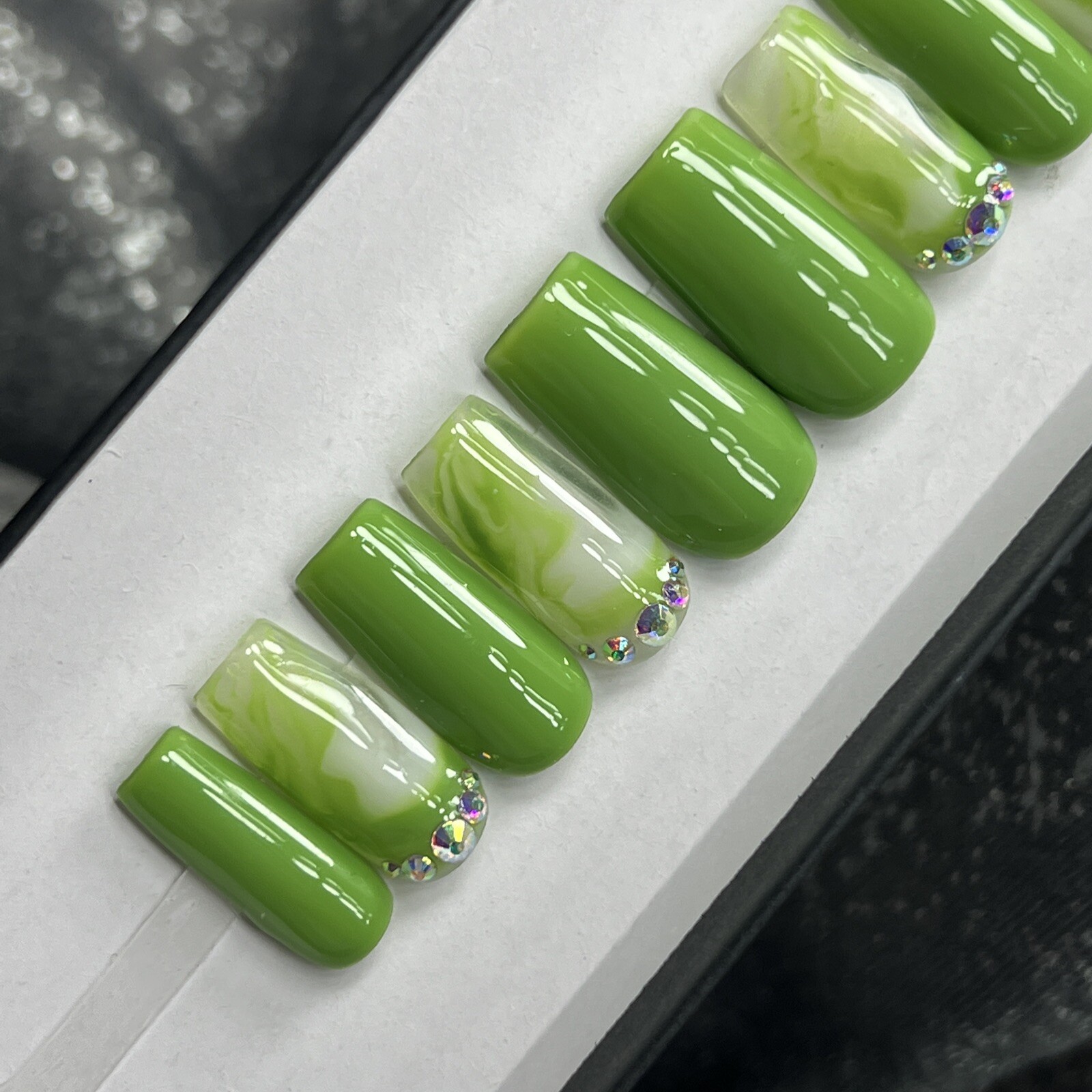 🍏 CUSTOM Gel Press On Nails, GREEN W/ BLING, 10p Set, FULL KIT, Medium Square