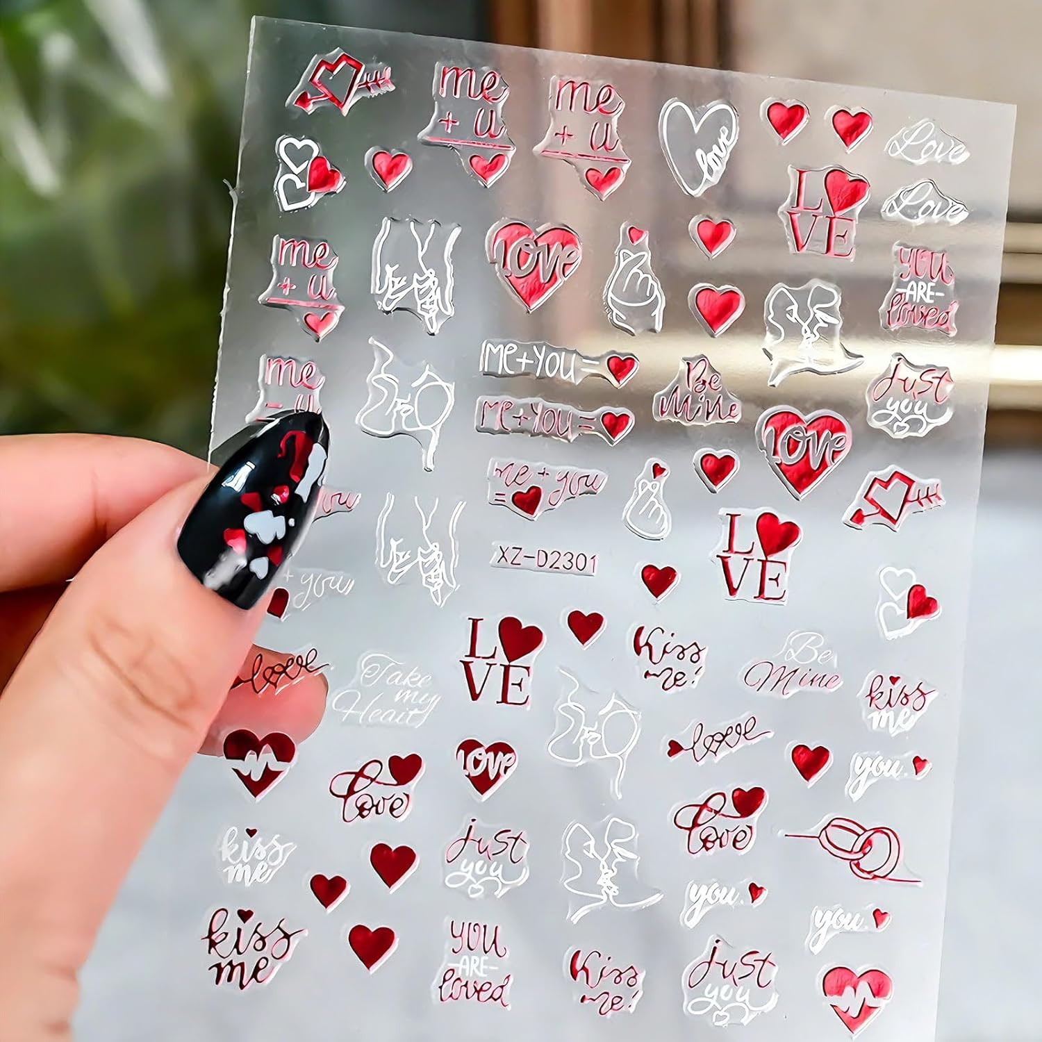 6 Sheets Valentine’S Day Nail Stickers, 3D Red & White Heart Nail Art Decals, Gl