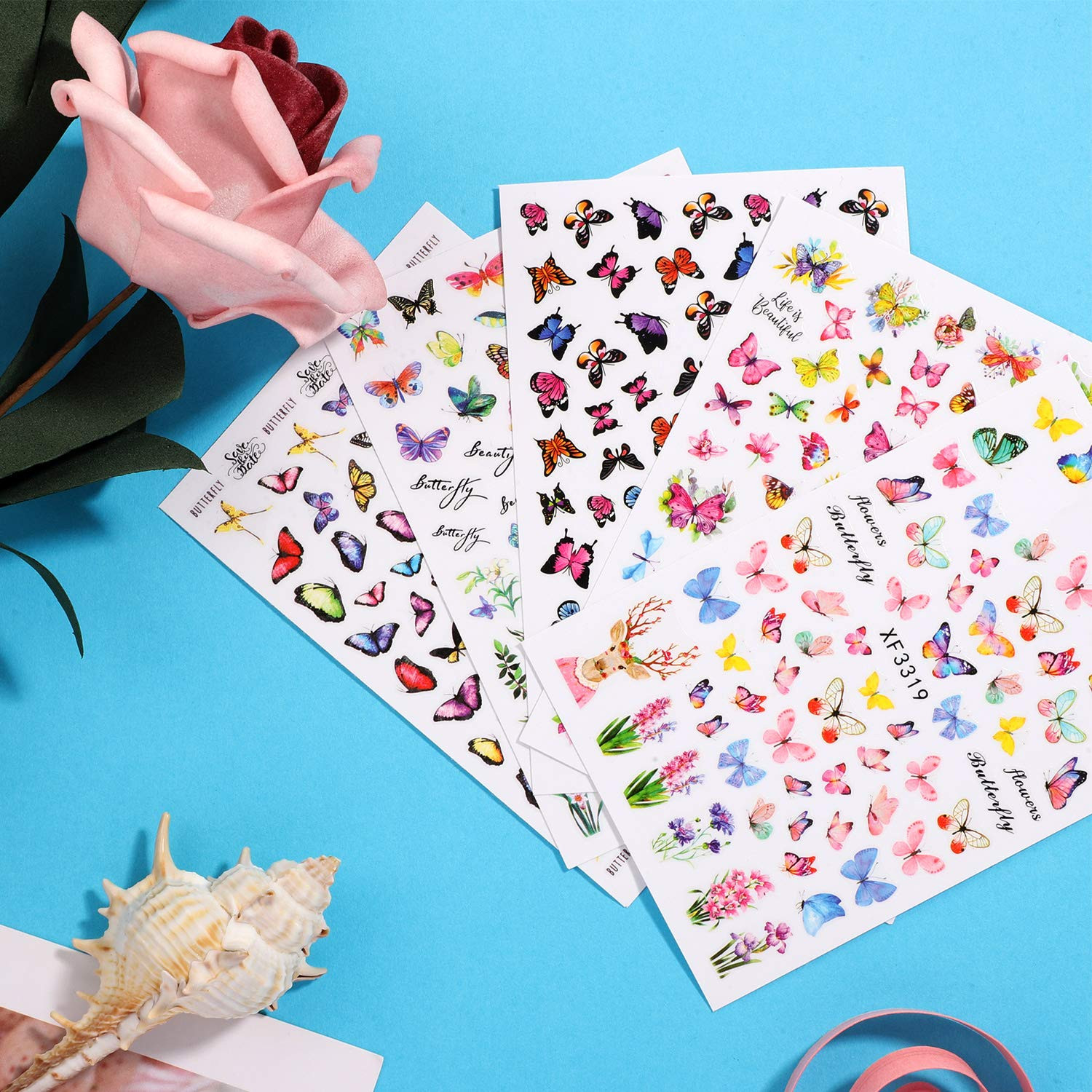 24 Sheets Colorful Butterfly Flower Nail Stickers – Mixed Design Self-Adhesive N