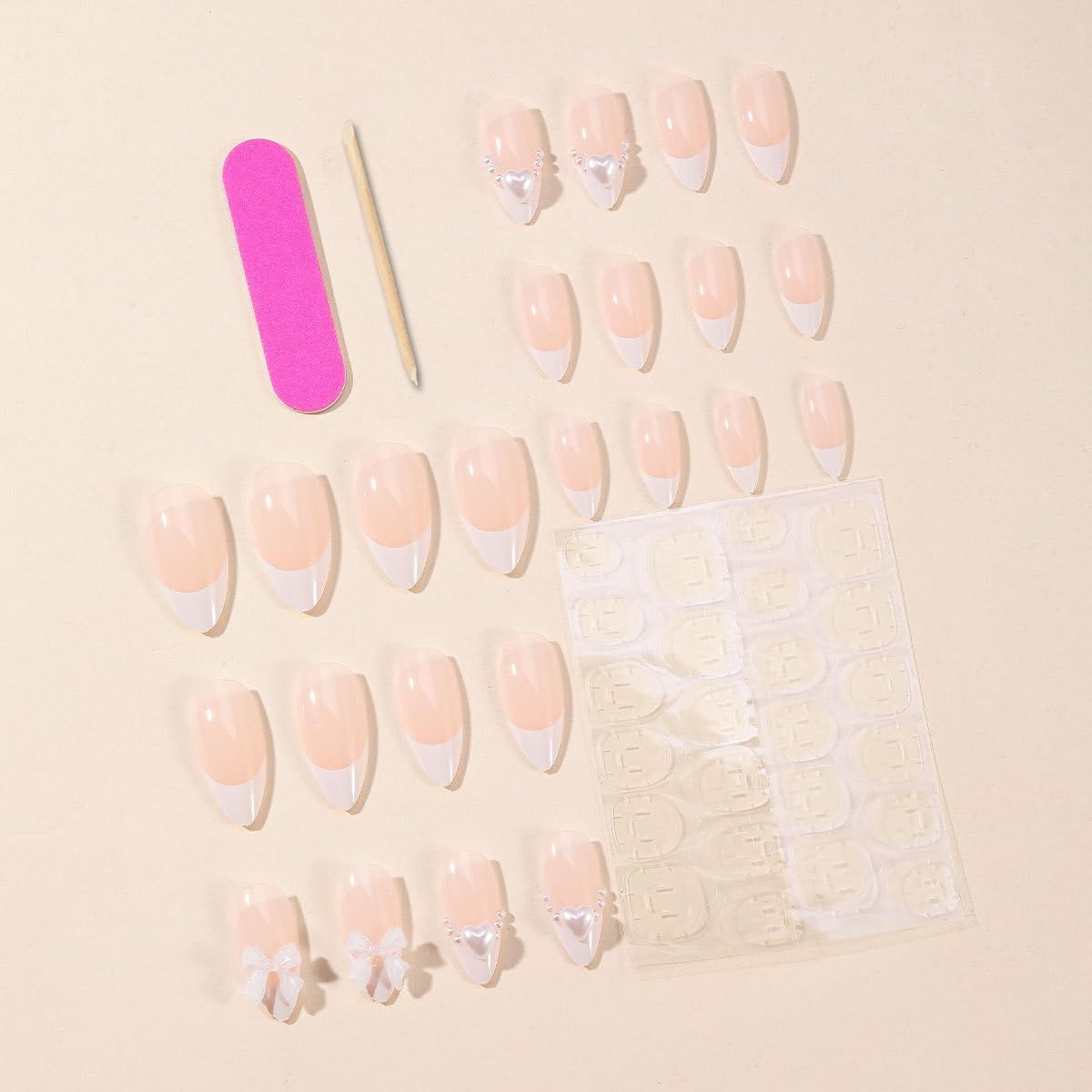 French Tip Press on Nails Almond, French Fake Nails with 3D Bow Pearl Heart D…