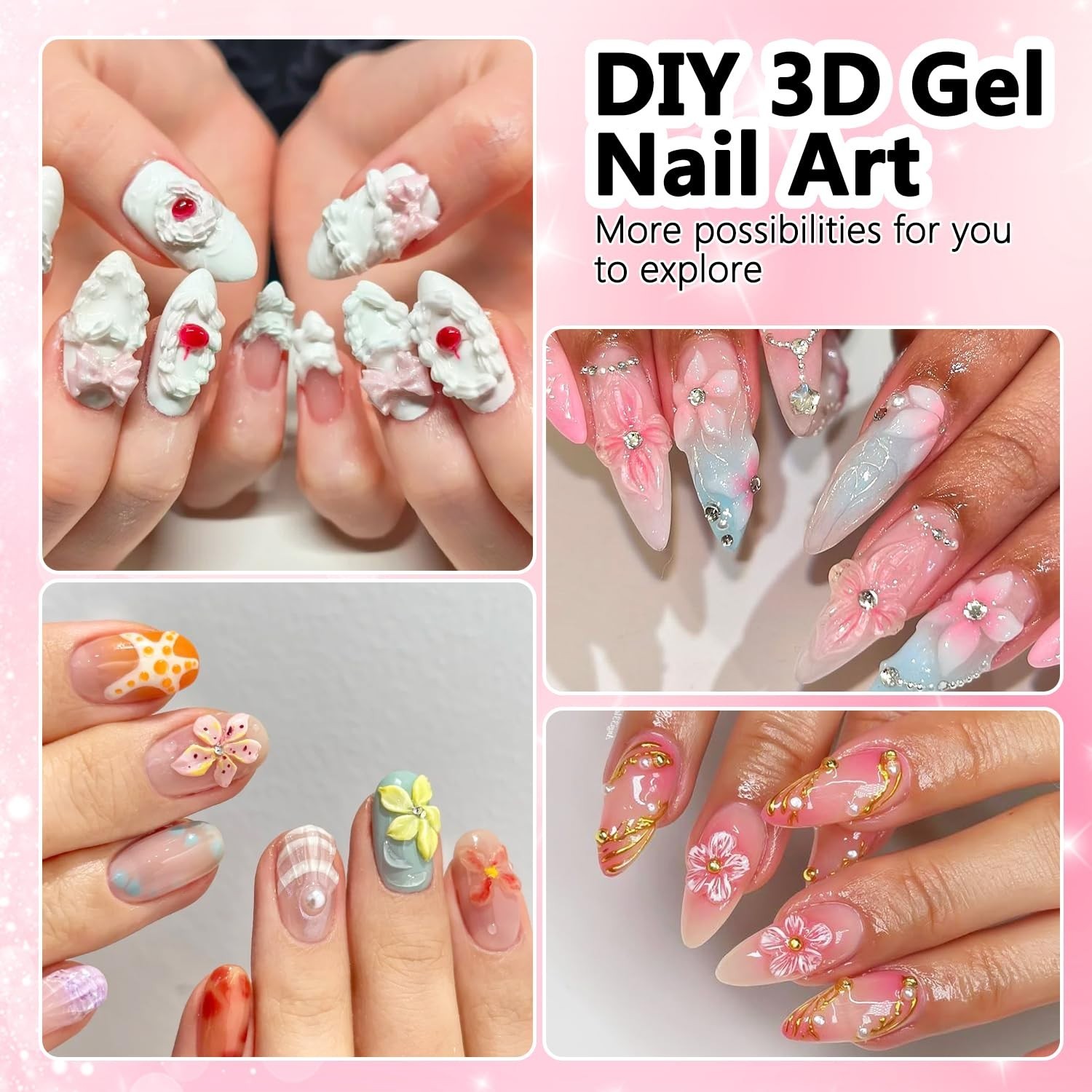 3D Gel Nail Art Starter Kit – 15ML Clear & White Sculpting Gel, Silicone Flower