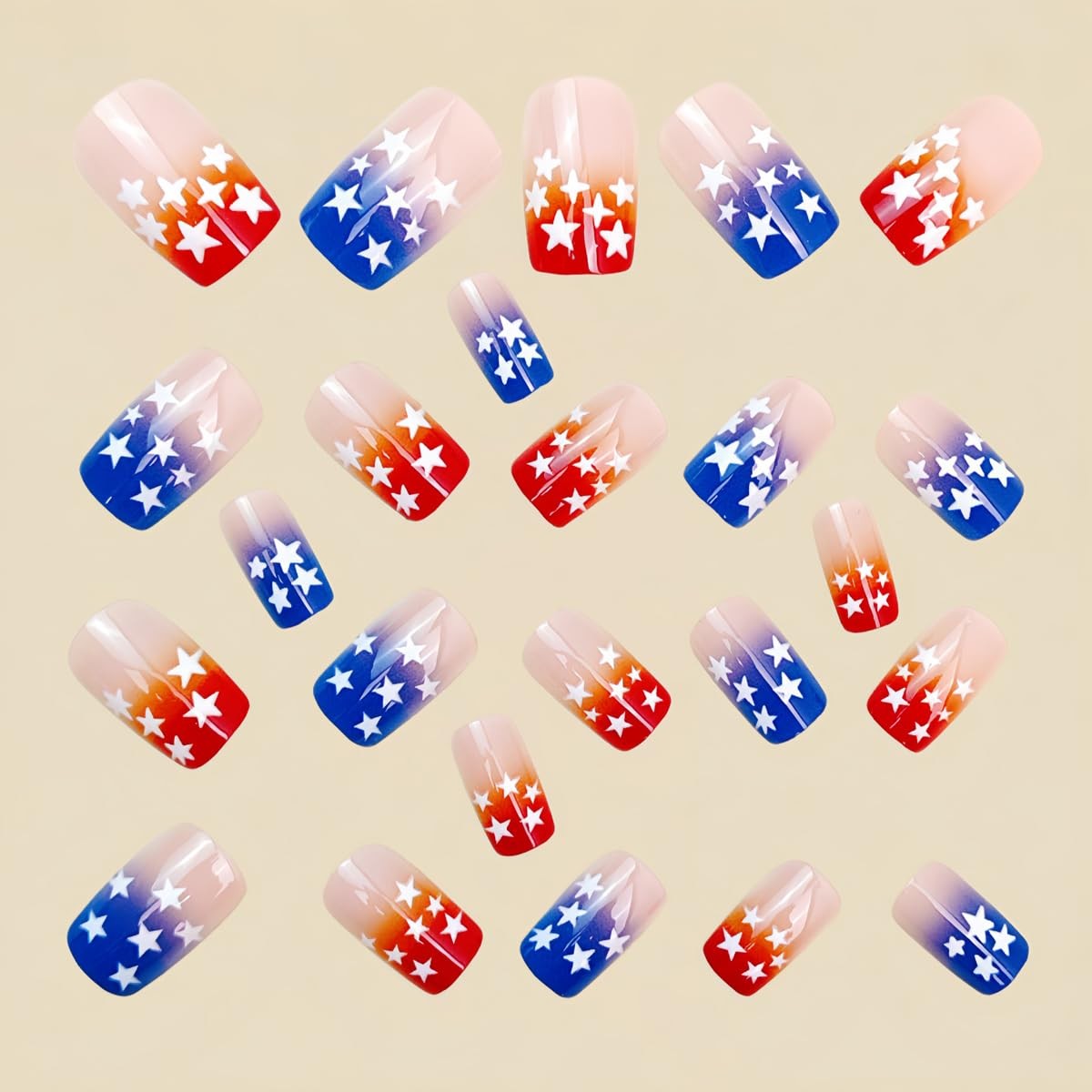 4th of July Press on Nails – Short Square Red White Blue Gradient Fake Nails,…