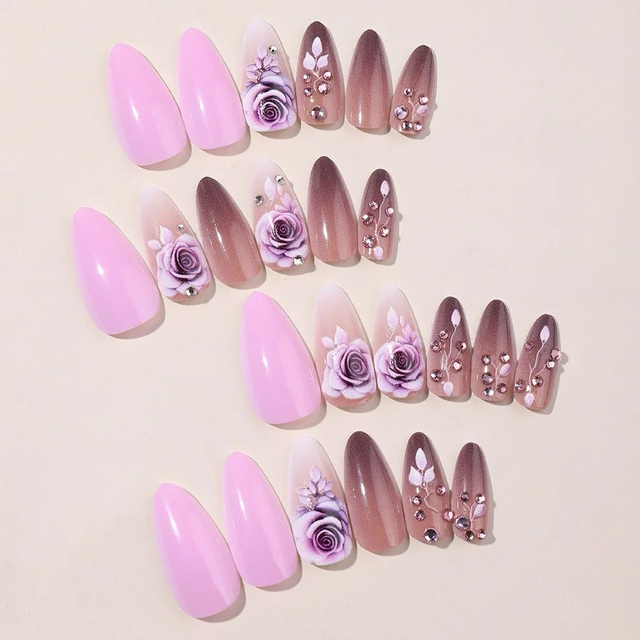 Purple Flower Printed Press On Nails 24Pcs Almond Coffin DIY Manicure Acrylic