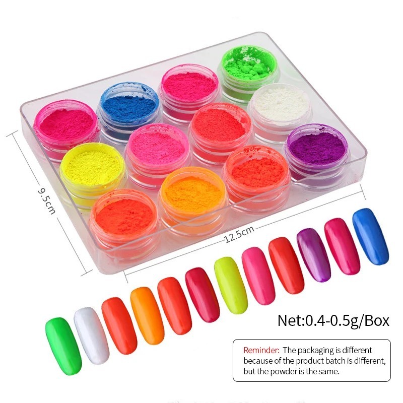 12 Colour Set Neon Pigment Nail Art Powder Dust Ombre Smoky Florescent Face Body