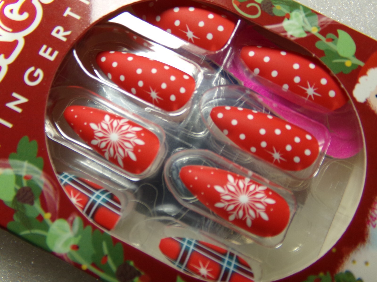 Magic Matte Red Plaid & Snowflakes Accent Glue on Nail Long