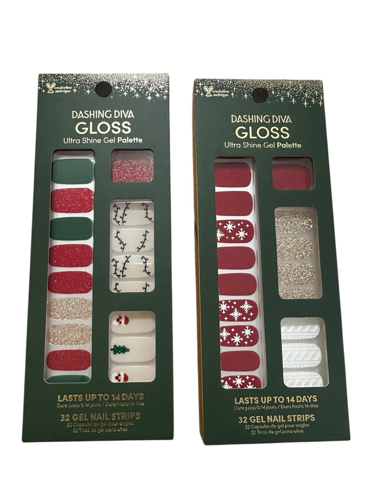 2 Sets Dashing Diva Gloss Ultra Shine Gel Nail Strips Christmas Red Green Snow