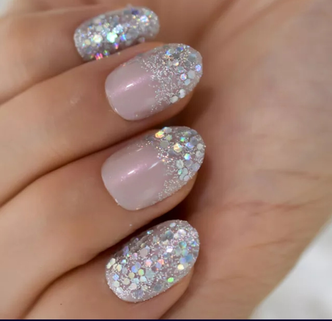 24 Short Press on nails kit w glue ombre glitter pink almond