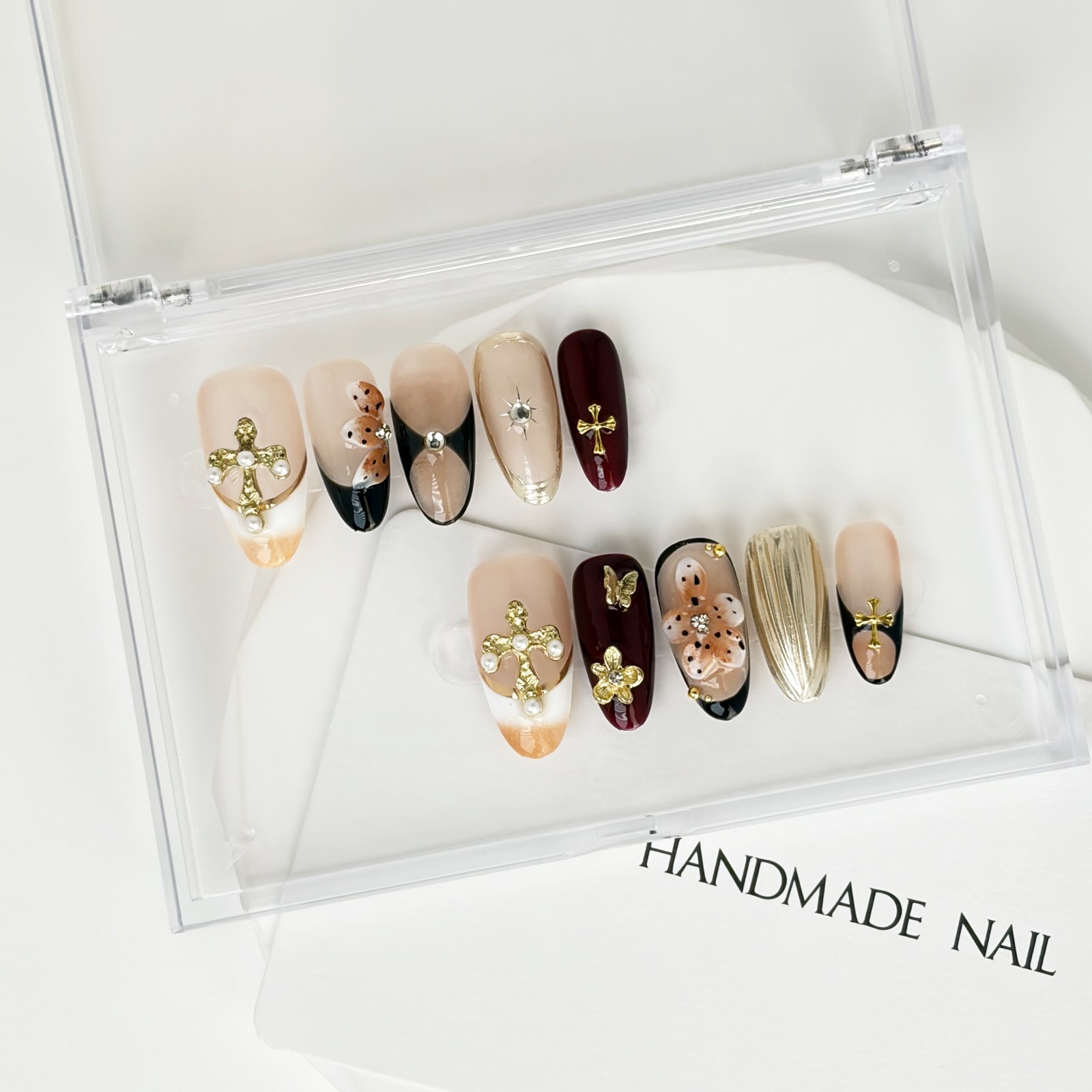 Sweet Gothic Rococo Press-On Nails with Pearl Cross & Metallic Accents Almond