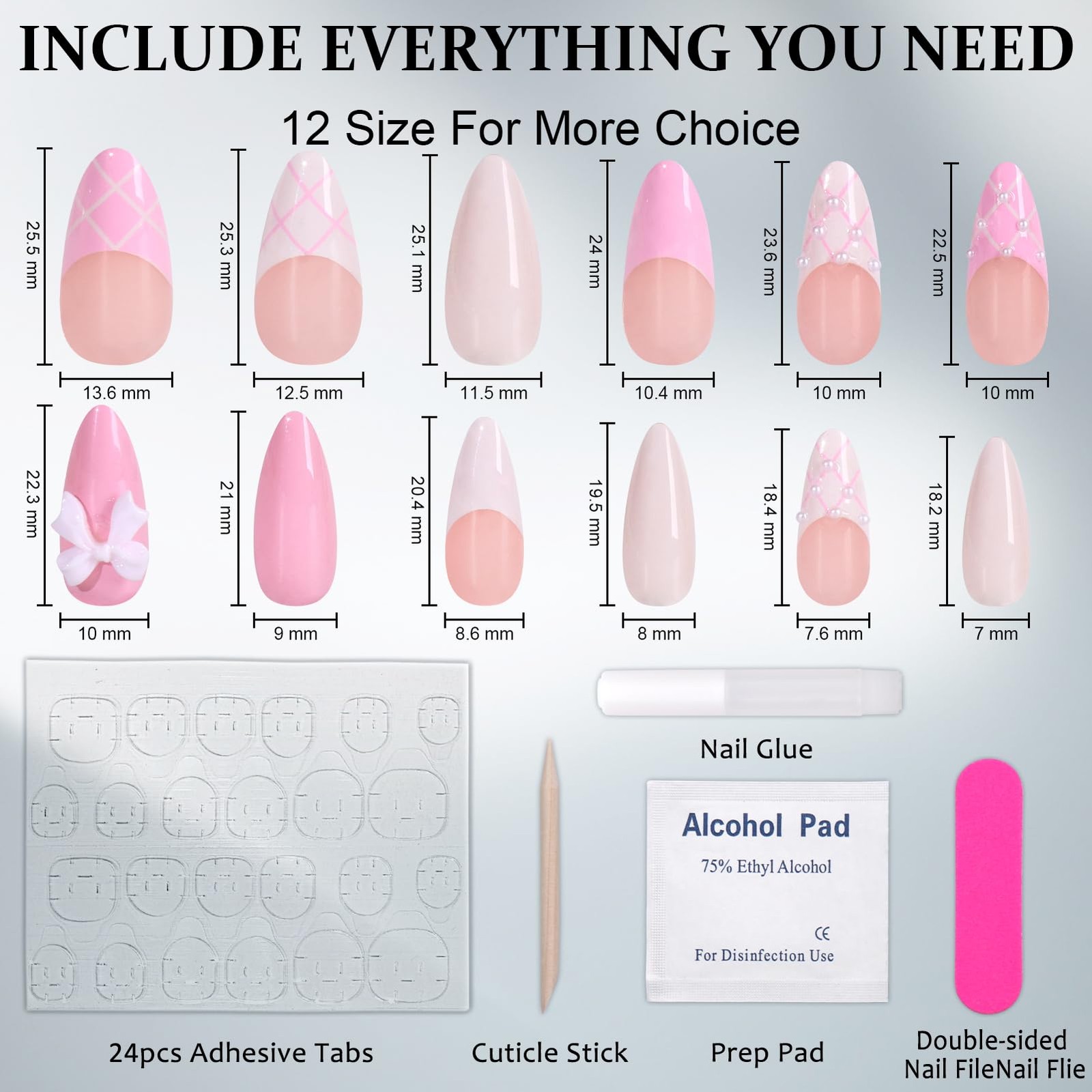 Light Pink French Tip Press on Nails – Medium Almond Nude Fake Nails with 3D …
