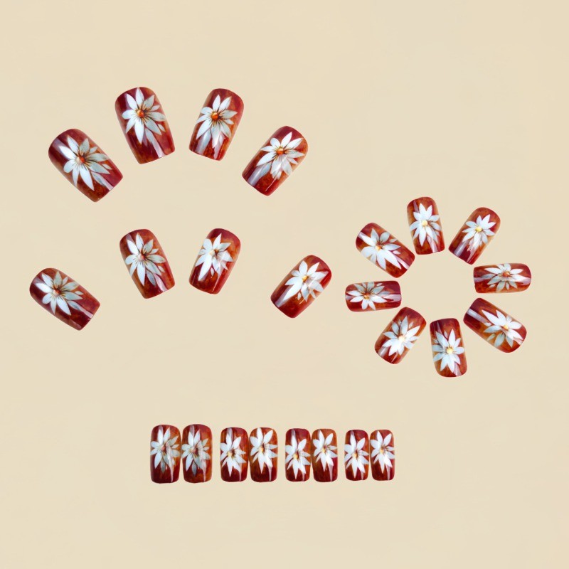 48 Pcs of Brown Flower Medium Long European Square Nail Patch,suitable for Women