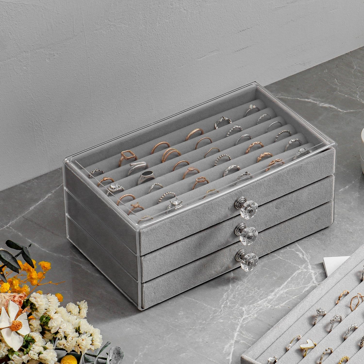 Ring Organizer Storage Box with 3 Drawers, Clear Acrylic 3-Layer Velvet Jewel…