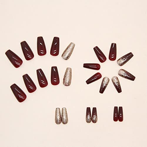 24Pcs Dark Wine Red Press on Nails Long Fake Nails Elegant Wine Red Gradient