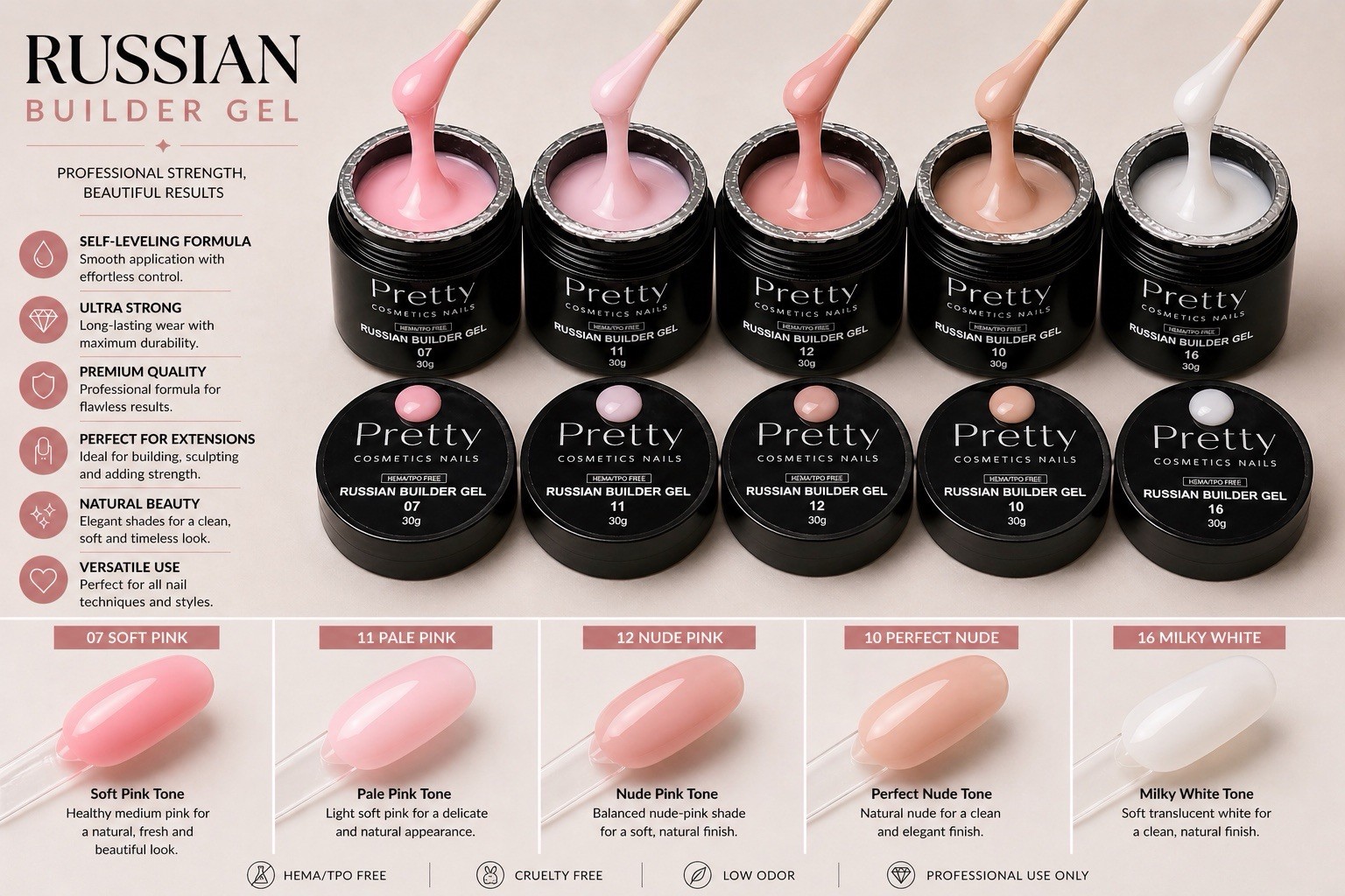 Pretty Cosmetics Nails Builder Gel Nude Pink Natural Finish Ultra Strong