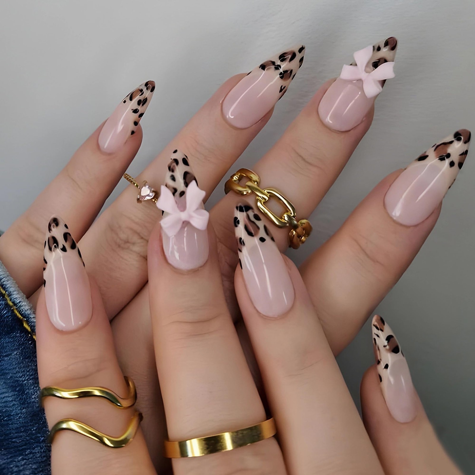 Almond Press on Nails Medium Fake Nails Leopard French Tip Glue ons Pink Bow …