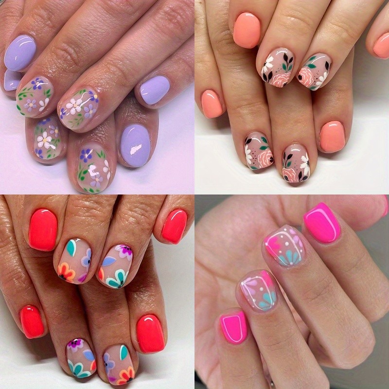 96pcs Vibrant Neon Pink Press On Nails Colorful Small Floral Manicure for Outing