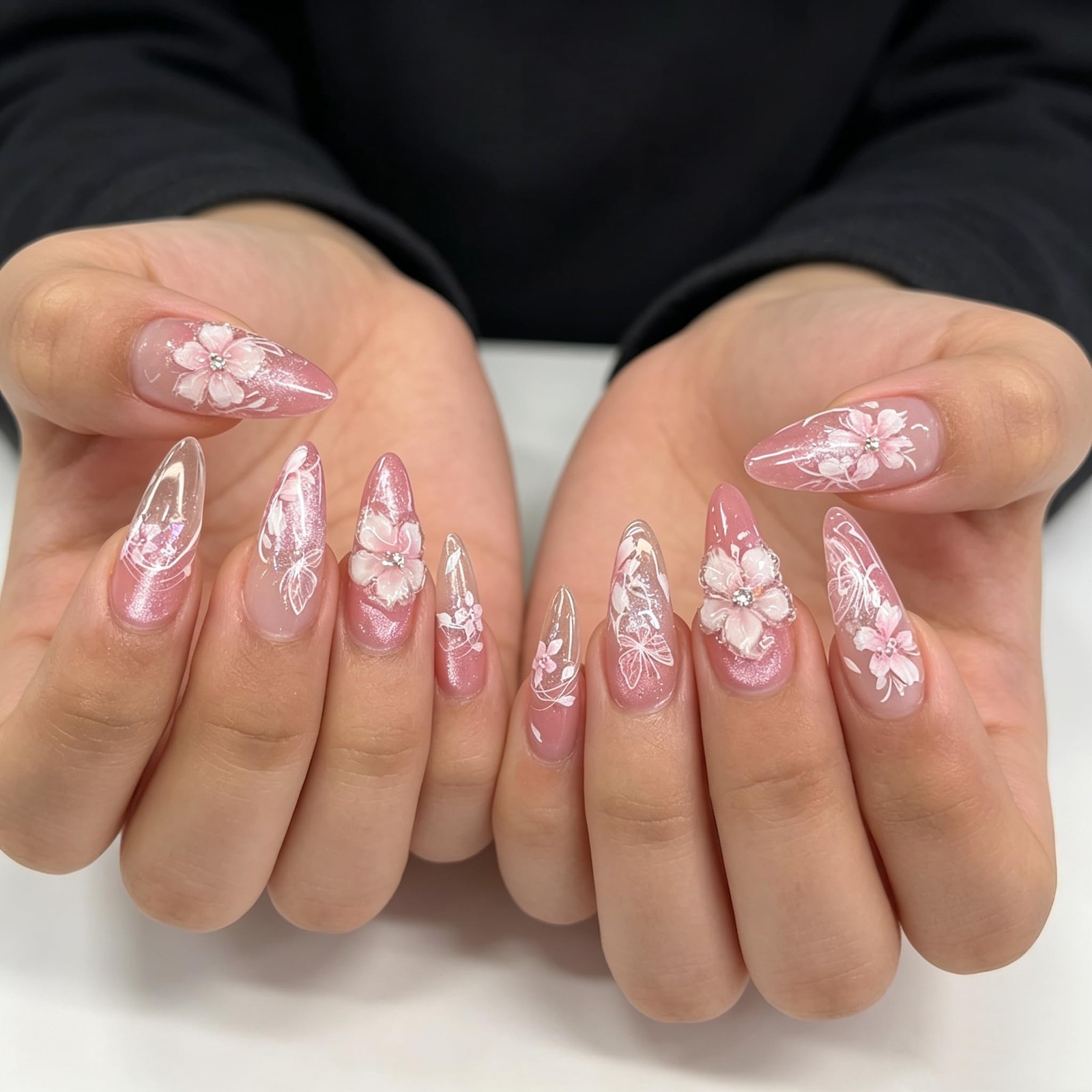 Tephrent Pink Peach Blossom Press on Nails Long Almond