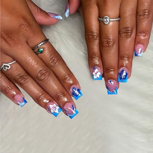 Press on Square Nails – Short Length Glossy Full Cover – Blue, French, Floral