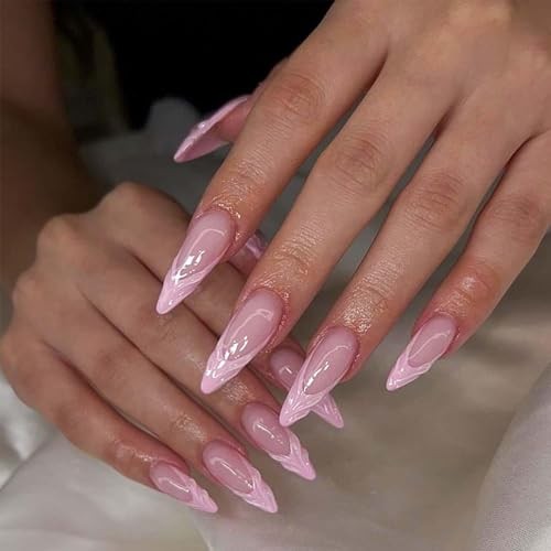 Long Press On Nails Stiletto Fake Nails French Tip False Medium Pink 3D French