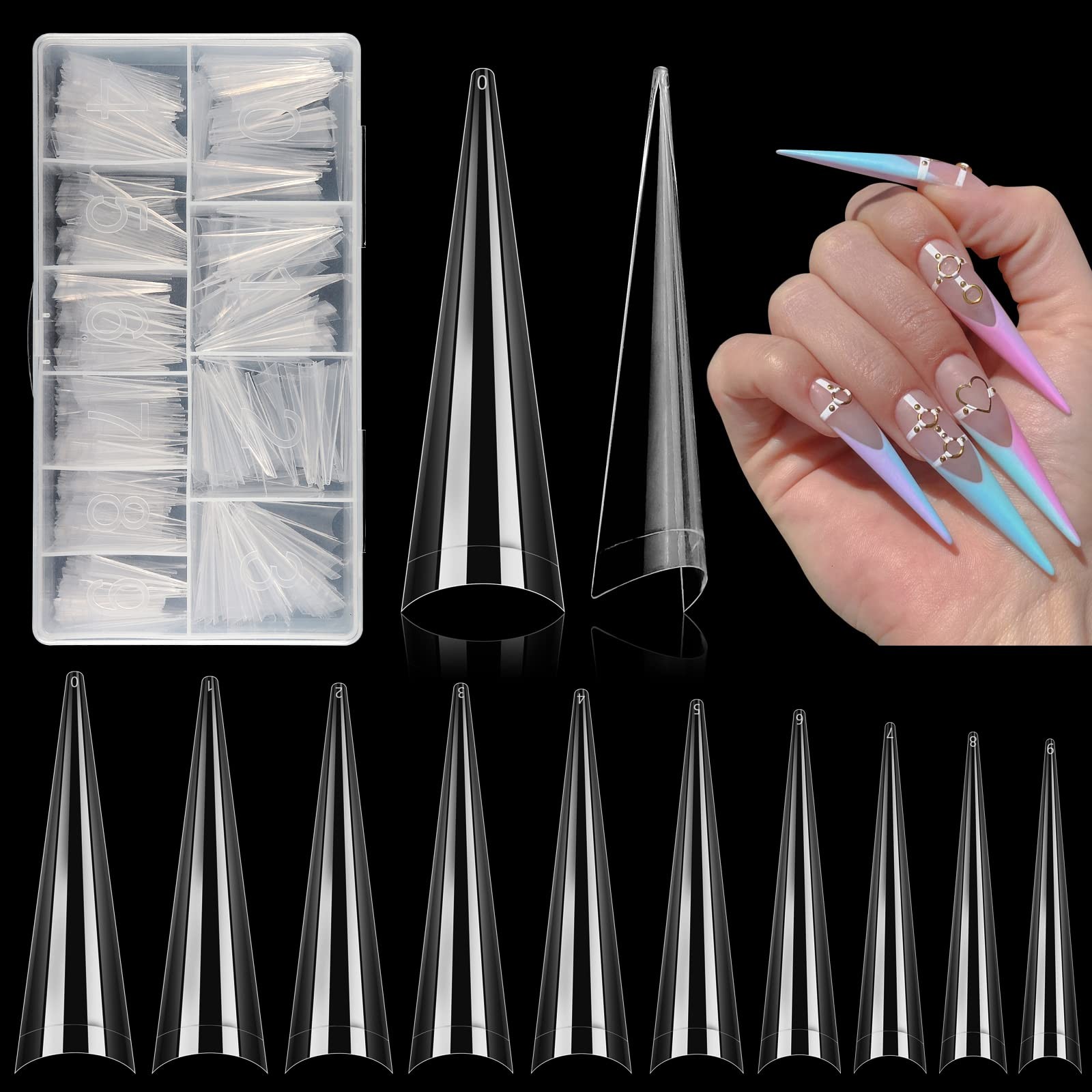 500 PCS Stiletto Nail Tips XL Clear Acrylic False Nails Half Cover DIY Set