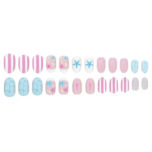 Summer Press on Nails – Short Oval – Pink Blue Fake Nails with Style-A Style-24