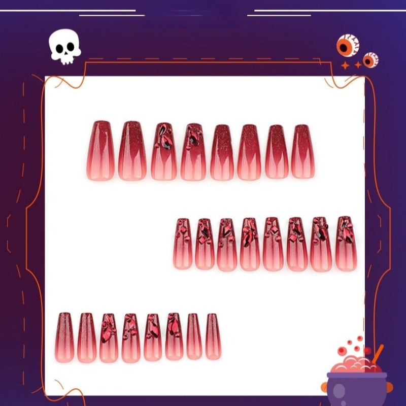 24pcs-Press on Nails Red Ombre Glitter Crystal Rhinestone Long Coffin Nail Set