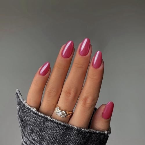 Hot Pink Chrome Press on Nails Medium Almond Nails Press oval medium hot pink