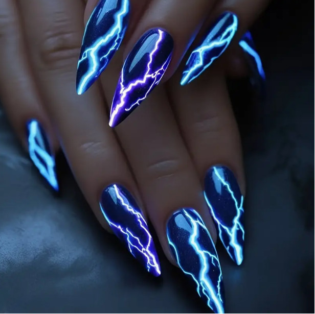 24 Pcs Press-On Nail Long Almond Dark Blue w/Lightning Bolts Glossy