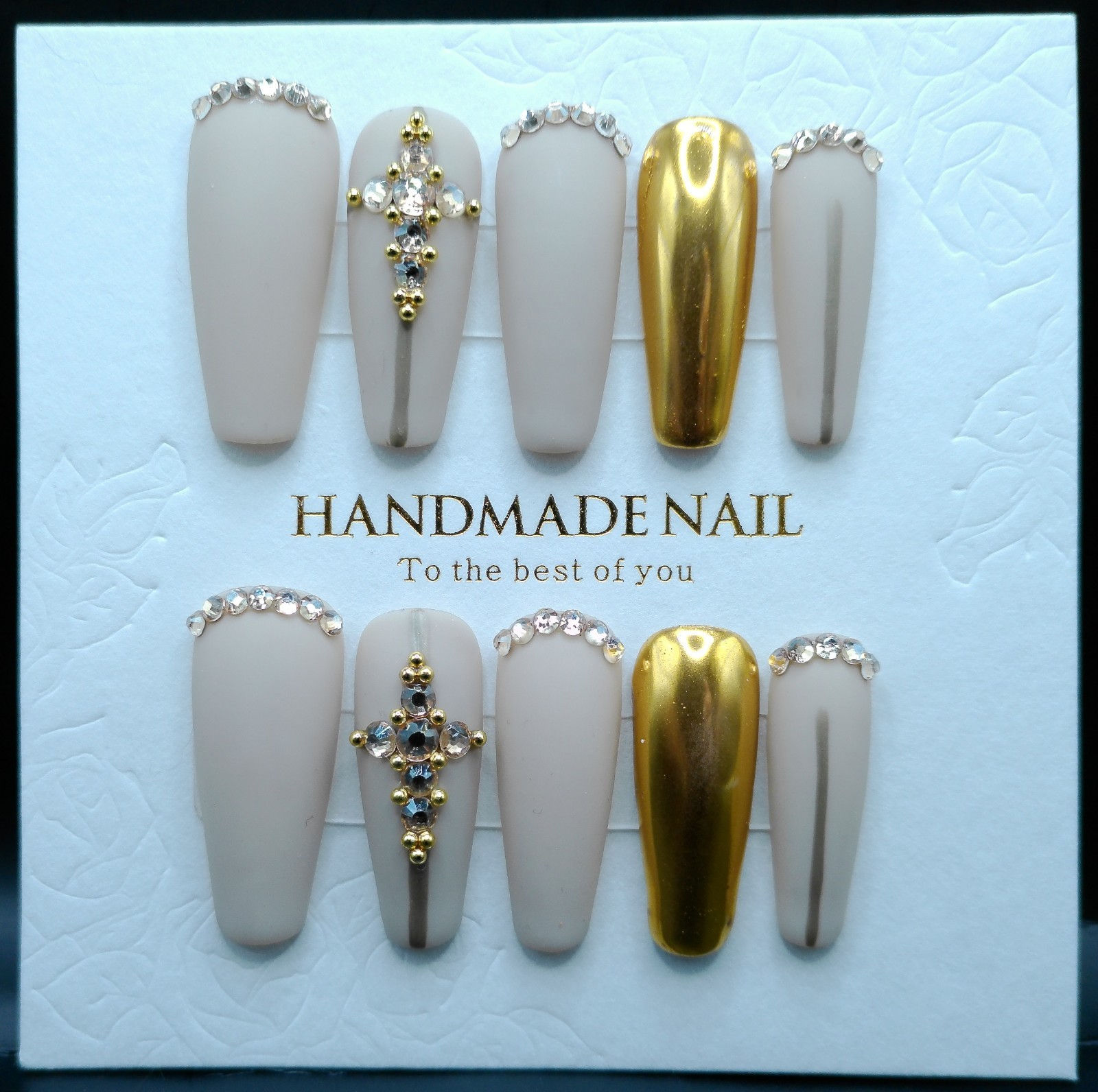 Long Ballerina Cream and Metallic Gold Press-on Nails, Large Size