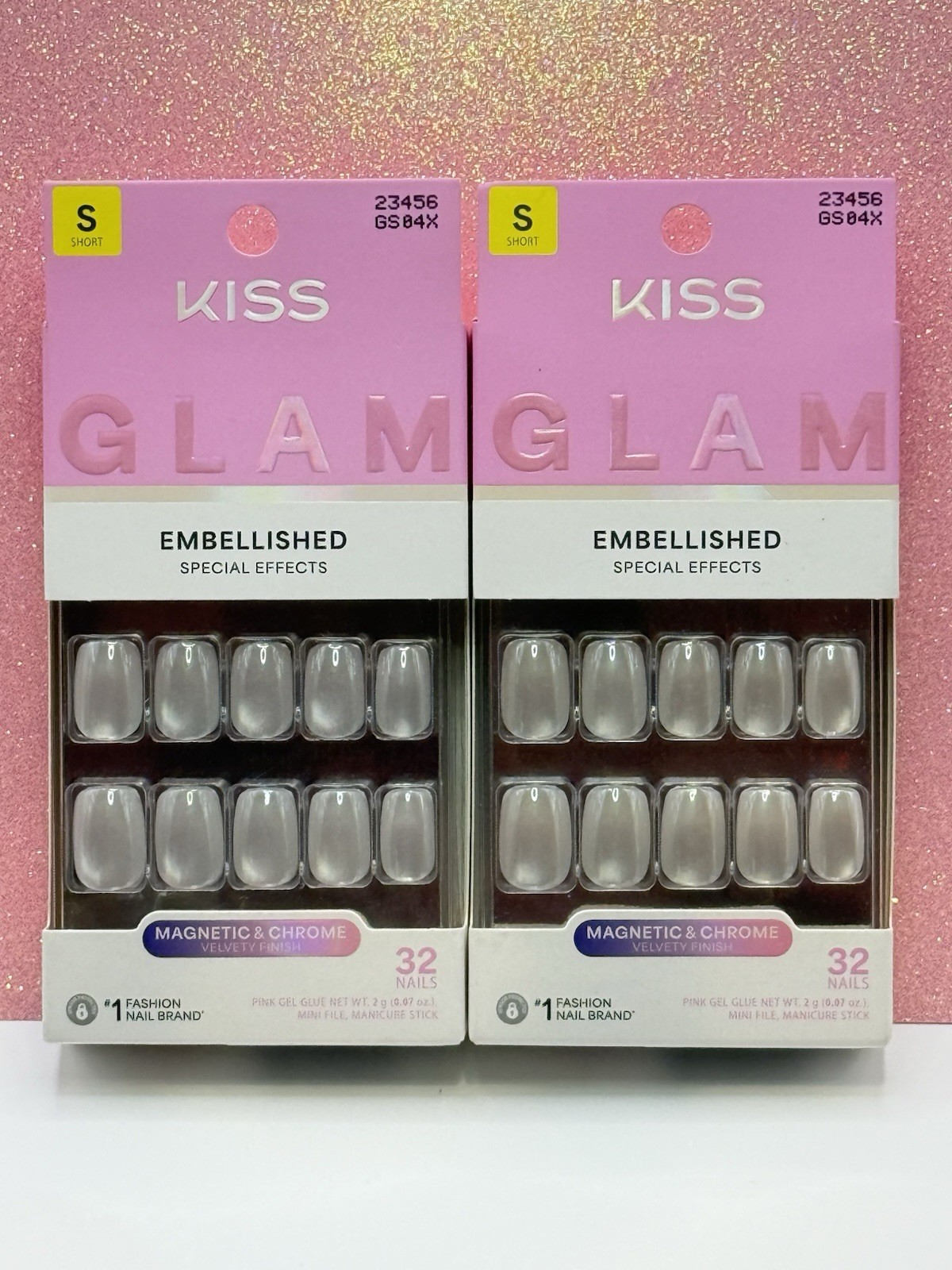 Kiss Glam Press-On Manicure Nails Short Pearl White Square Magnetic Chrome 2pck