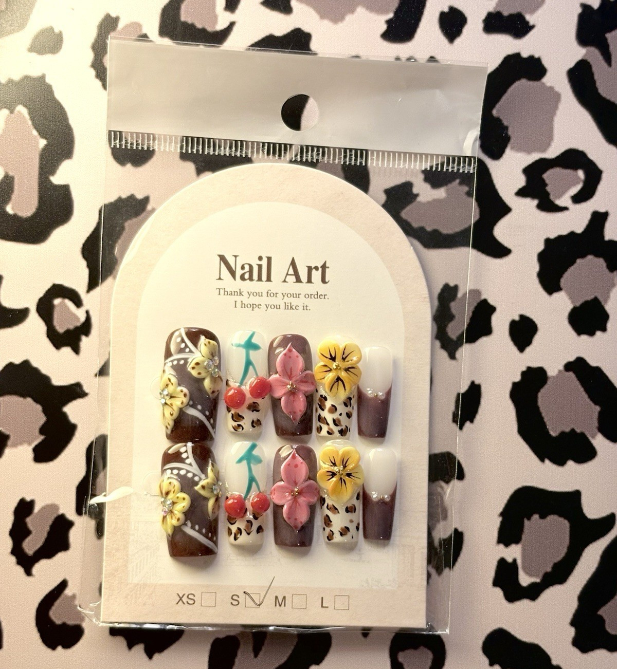 Press-On Nails Brown/White/Pink/Yellow 3D Flowers Square Medium Pre-Designed