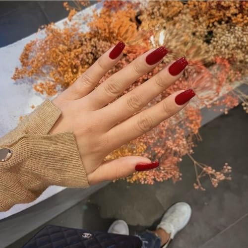 30 PCS Wine Dark Red Press on Nails Short Medium square glossy wine red