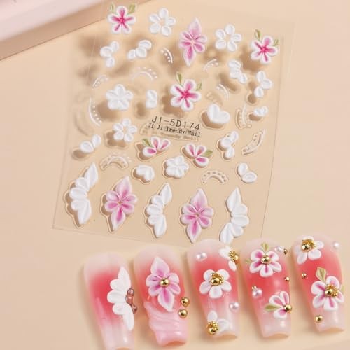 5D Embossed Flowers Nail Art Stickers, 5PCS Self-Adhesive Pink Colorful-04